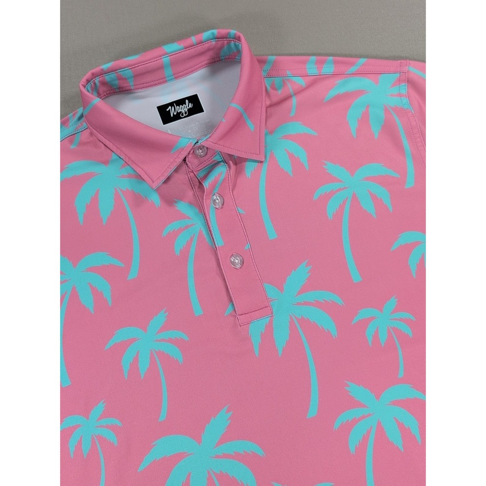 Waggle Golf Polo Shirt Mens Large Pink Blue Palm Trees AOP Performance Stretch - Picture 1 of 9